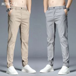 Spring Summer Casual Pants Men Thin Stretch Slim Fit Elastic Waist Business Classic Korean Trousers Male Khaki Gray 38 240507