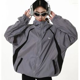 Women's Jackets HOUZHOU Grey Windbreakers Jacket Women Japanese 2000s Style Y2k Vintage Oversize Outdoor Streetwear Casual Hiphop Tops