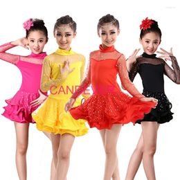 Stage Wear Prodessional Latin Dance Dress For Girls Line Long Sleeve Lace Ballroom Dancing Salsa Samba Tango Standard Costume Kids Child