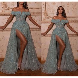 Blue Mermaid Prom Dresses Princess Lace Appliques Sequins Off Shoulder Sleeveless V Neck Strapless Floor Length High Side Slit Party Gowns Plus Size Custom Made 0508