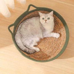 Cat Beds Furniture New Pet Cat Bed Circular Handwoven Vine Cat Bed Summer Cool Cat Basket Cotton Rope Cat Catch Basket Cat Nest Pet Supplies d240508