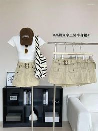 Skirts American Vintage Khaki Cargo Women High Waist A-Line Skirt With Belt Grunge Gyaru Streetwear Preppy Style Spring Summer