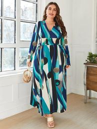 Ethnic Clothing Loose Slim Muslim Printed Long Dress Stylish Deep V-neck For Women Large Size Dubai Abayas Robe Elegante Femme