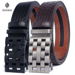 Belts 2023 Men Belt Metal Luxury Brand Automatic Buckle Plaid Genuine Leather Belts for Men Waist Strap Black Male Y240507