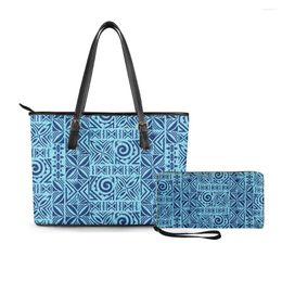 Shopping Bags Polynesian Tribal Handbag Samoan Blue Tapa Flower Print Custom Foldable Bag Outdoor Beach And Purse 2 Piece Set