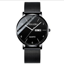 Crnaira Black Steel Mesh Band Quartz Mens Watches Luminous Calendar Watch Big Three Hands Casual Business Stylish Man Wristwatches 239l