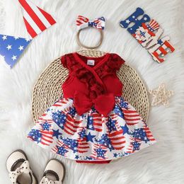 Rompers Baby Girls 4th of July Outfits Sleeveless Ribbed Lace V Neck Romper + Headband Set Newborn Independence Day Clothes H240508