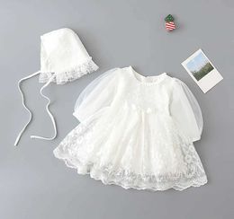 Christening dresses First Birthday Party Girl Dress Newborn Autumn White Lace Princess Baby Baptist with Hat Christmas Ball Q240507