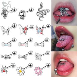 ZS 1 Piece 14G Stainless Steel Tongue Piercing Ring Colorful Butterfly Bone Tongues Stud Punk Skull Snake Body Piercings Jewelry 240429