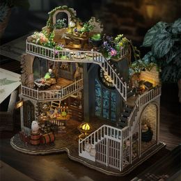 Miniatures European Retro DIY Wooden Magic Doll House Ornaments Miniature Building Kits With Furniture LED Light Home Decor Handmade Gifts