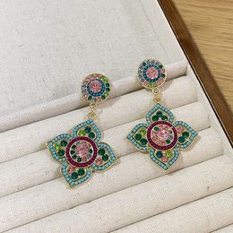 Charm S925 Silver Needle Contrast Colour Diamond Flower Earrings Female Exaggerated Bohemian Ethnic Style Earrings Light Luxury and Exquisite