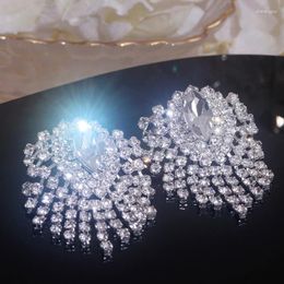 Stud Earrings Shiny Rhinestone Geometric Flowers For Women Silver Colour Crystal Fashion Wedding Prom Jewellery Gifts
