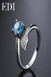 EDI Natural Blue Topaz Gemstone Pure 925 Sterling Silver Ring For Women Leaf Shape 6mm Round Fine Jewellery Y18927045392215