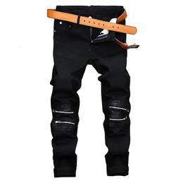 Men Jeans Knee Hole Design Denim Pants Black Zipper Patchwork Straight Plus Size Thin Fashion Male Dropship 240430