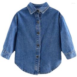 Jackets 3-11Y Children Denim Autumn Girls Coats Turn-down Collar Single Breasted Loose Fashion Soft Kids Outerwear Clothes Hw38