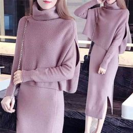 high quality Winter Two Pieces Women Sweater Elegant Turtleneck Cape Long Cloak Sleeve Cashmere Split Bodycon Knitting Dress 210514 2738