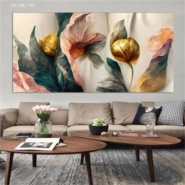 Vintage Gold Green Pink Flowers Canvas Prints Painting Wall Art Modern Posters Scandinavian Pictures for Living Room Decor Unframed