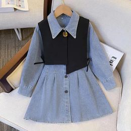 Clothing Sets Spring Girl's Waistcoat Dress Suit Children's Vest Denim Two-piece Set Fashion Single-breasted Long Sleeve
