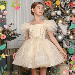 Christening dresses 2024 New Childrens Princess Evening Dress with Sequin Feather Design Wedding Birthday Baptist Eid Party Girl A3458 Q240507