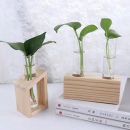 Vases Simple Nordic Test Tube Glass Vase Wooden Stand Hydroponic Plant Container Flower Pots For Home Garden Decoration