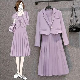 Work Dresses Insozkdg Spring Summer 2pcs Set Women Long Sleeve Single Buckle Blazer Pleated Spaghetti Strap Dress Suit College Style