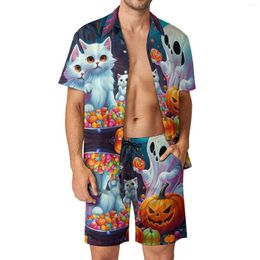 Men's Tracksuits Pumpkins Ghost Kitten Men Sets Happy Halloween Funny Casual Shirt Set Short Sleeve Design Shorts Summer Beach Suit Plus