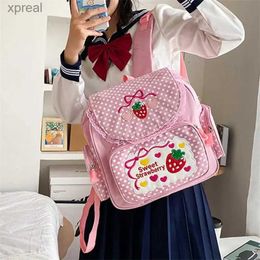 Backpacks Kawaii Childrens School Bag Cute Strawberry Embroidery Student Mochila Dot Multi Pocket Nylon Fashion Academy WX