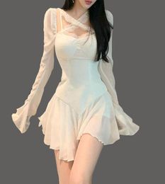 Casual Dresses Summer Mini Dress Women White Puff Sleeve Korean Style Fairy Pleated Chiffon Japan Sexy Elegant Vintage Party5540565