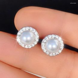 Stud Earrings Round 8mm Lab Pearls Earring Real 925 Silver Needle Party Wedding For Women Men Engagement Jewellery