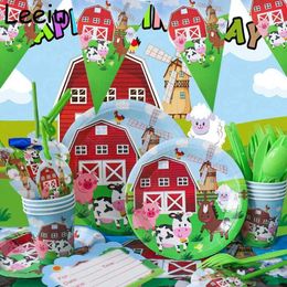 Disposable Dinnerware Farm Animal Granary Theme Party Tableware Set Paper Cup Board Towel Straws Childrens Birthday Decoration Q240507