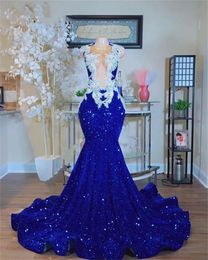 Glitter Royal Blue Sequined Mermaid Prom Dresses Beaded Lace Appliques Illusion V-Neck Sexy Long Graduation Party Dress For Girls 2024 Summer Evening Gowns