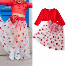 Clothing Sets 1-6Y Kids Girls Valentine Day Outfits Long Sleeve Solid Colour Crop T Shirt Tops See Through Mesh Heart Half Dress With Shorts