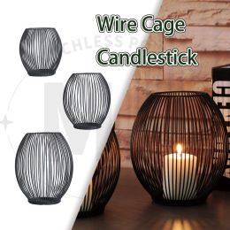 Holders Matte Black Wire Cage Candlestick Vintage European Style Lanterns Metal Candle Holder Iron Vases Candle Stand Table Decorative