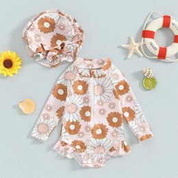 One-Pieces Baby Girl Swimsuit Long Sleeve Zip Up Rash Guard + Daisy Print Sun Hat Infant Toddler Swimwear Outfits 2 Piece Bathing Suit Set H240508