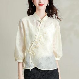 Women's Blouses Satin Shirts Summer Embroidery Chinese Style Loose Long Sleeves Vintage Women Tops Fashion Clothing YCMYUNYAN