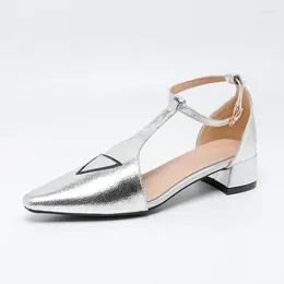 Casual Shoes Women 3cm Low Heels Sandals Summer Female Large Size Silvery Pointed Toe Buckle Strap Fashion Sweet Soft Leather Sandles