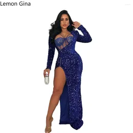 Work Dresses Lemon Gina Women Sequined Long Sleeve High Side Split Ripped Collar Bodycon Maxi Dress And Mesh Tunic Bodysuit Sexy