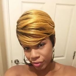 Ombre Short Bob Pixie Cut Wig with Bangs for Black Women,Pixie Cut Side Part Wig Black Mixed Brown Highlight Color Wigs