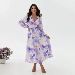 Casual Dresses Puloru Floral/Geometrical Elegant Party Women's Puff Long Sleeve V Neck A-Line Midi Dress For Spring Summer Beach Office