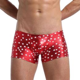 Underpants Fashion Men Star Printed Boxers Underwear Sexy Faux Leather Low Waist Boxershorts Panties Male U Convex Pouch Underpant