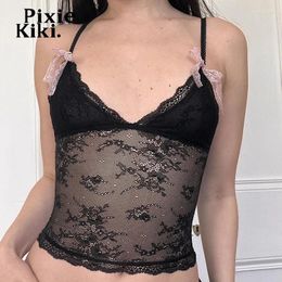 Women's Tanks PixieKiki Transparent Lace Mesh Black & Camis Harajuku Y2k Sexy Deep V Backless Crop Top Summer Clothes Women 2024 P84BC10