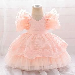 Girl's Dresses Ruffle Flower Baby Party Dress Girl Babys First Birthday Wedding Princess Girl Dress Embroidered Bridal ClothingL240508