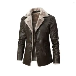 Men's Jackets Winter Fleece Plush PU Fashion Business Casual Warm Button Coats Suit Collar Windbreaker Leather Jacket