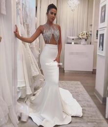 New Style Illusion Bodice 2019 White Prom Dresses Shining Beaded Crystal Mermaid Stain Empire Waist Formal Evening Gown For Specia5568179