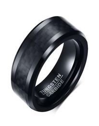 Wedding Ring Bevelled Edge 8mm Comfort Fit Mens Black Tungsten Carbide Weeding Band Ring With Black carbon fiber26244536368