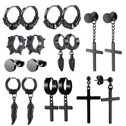 Stud 9 pairs of punk black multi style stainless steel stud earrings suitable for men and women Gothic street pop hip-hop jewelry gifts Q240507