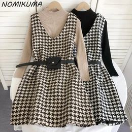 Work Dresses Nomikuma Elegant Two Pieces Women Sets Half High Collar Knitwear Tops Belt Slim Waist Fashion Bird Lattice Woolen Tank Dress