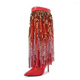 Boots SDTRFT Pointed Toe Knee High 12cm Thin Heeled Botas Mujer Ladies Sequin Skirt Style Pink Red Shoes Woman Wedding Pumps