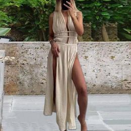 Casual Dresses Bohemian Style Maxi Dress Slit Lace-up With Belted Waist Hollow Out Detail V For Vacation