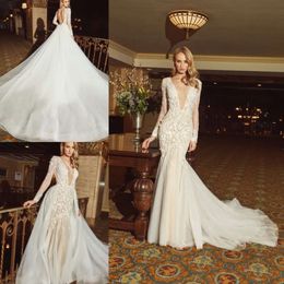 Sleeve V Deep Applices Halskleider Lange Meerjungfrau Tüll Designer Hochzeitskleid mit abnehmbarem Zug Brautkleider